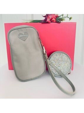 #70 BETSEY JOHNSON ~ Gray Wristlet/Crossbody w/Rhinestone Round Coin Pouch